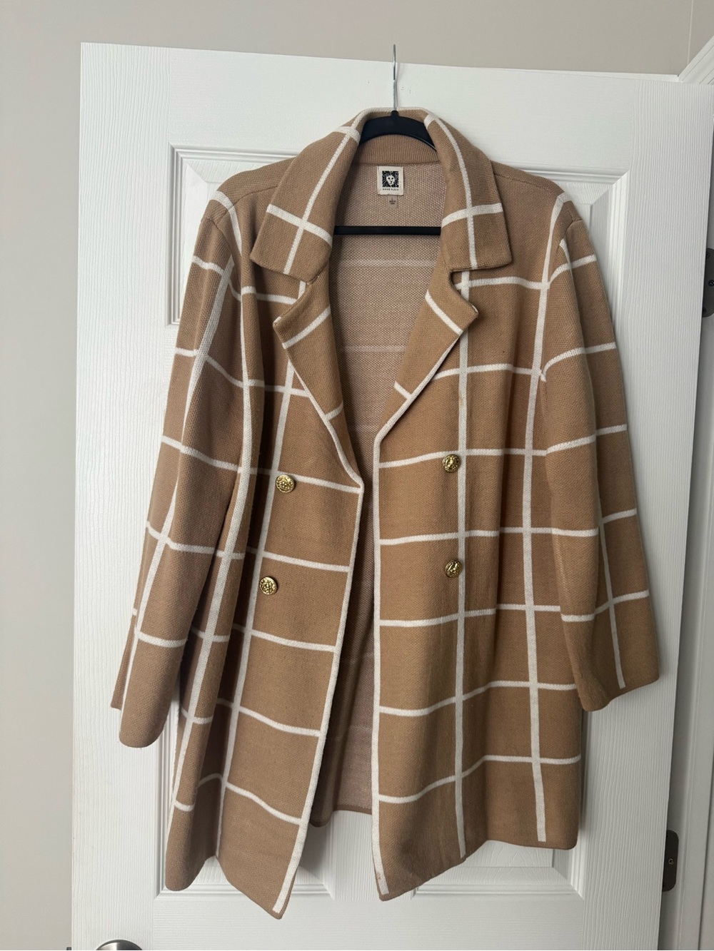 Anne Klein Camel Windowpane Double-Breasted Pea Coat
